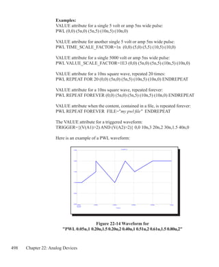 498 Chapter 22: Analog Devices
	 Examples:
	 VALUE attribute for a single 5 volt or amp 5ns wide pulse:
	 PWL (0,0) (5n,0) (5n,5) (10n,5) (10n,0)
	 VALUE attribute for another single 5 volt or amp 5ns wide pulse:
	 PWL TIME_SCALE_FACTOR=1n (0,0) (5,0) (5,5) (10,5) (10,0)
	 VALUE attribute for a single 5000 volt or amp 5ns wide pulse:
	 PWL VALUE_SCALE_FACTOR=1E3 (0,0) (5n,0) (5n,5) (10n,5) (10n,0)
	 VALUE attribute for a 10ns square wave, repeated 20 times:
	 PWL REPEAT FOR 20 (0,0) (5n,0) (5n,5) (10n,5) (10n,0) ENDREPEAT
	 VALUE attribute for a 10ns square wave, repeated forever:
	 PWL REPEAT FOREVER (0,0) (5n,0) (5n,5) (10n,5) (10n,0) ENDREPEAT
	 VALUE attribute when the content, contained in a file, is repeated forever:
	 PWL REPEAT FOREVER FILE=my pwl file ENDREPEAT
	 The VALUE attribute for a triggered waveform:
	 TRIGGER={(V(A1)2) AND (V(A2)2)} 0,0 10n,3 20n,2 30n,1.5 40n,0
	 Here is an example of a PWL waveform:
Figure 22-14 Waveform for
PWL 0.05u,1 0.20u,1.5 0.20u,2 0.40u,1 0.51u,2 0.61u,1.5 0.80u,2
	
 