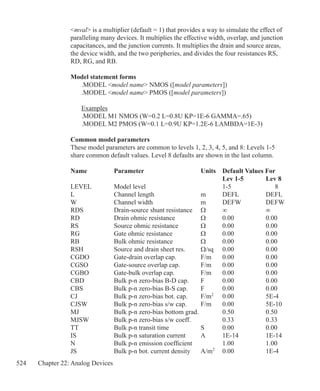 524 Chapter 22: Analog Devices
mval is a multiplier (default = 1) that provides a way to simulate the effect of
paralleling many devices. It multiplies the effective width, overlap, and junction
capacitances, and the junction currents. It multiplies the drain and source areas,
the device width, and the two peripheries, and divides the four resistances RS,
RD, RG, and RB.
Model statement forms
	 .MODEL model name NMOS ([model parameters])
	 .MODEL model name PMOS ([model parameters])
	 Examples
	 .MODEL M1 NMOS (W=0.2 L=0.8U KP=1E-6 GAMMA=.65)
	 .MODEL M2 PMOS (W=0.1 L=0.9U KP=1.2E-6 LAMBDA=1E-3)
Common model parameters
These model parameters are common to levels 1, 2, 3, 4, 5, and 8: Levels 1-5
share common default values. Level 8 defaults are shown in the last column.
Name		 Parameter			 Units	 Default Values For
								 Lev 1-5		 Lev 8
LEVEL		 Model level				 1-5		 8
L			 Channel length			 m	 DEFL		 DEFL
W			 Channel width			 m	 DEFW		 DEFW
RDS		 Drain-source shunt resistance	 Ω	 ∞		 ∞
RD			 Drain ohmic resistance	 	 Ω	 0.00		 0.00
RS			 Source ohmic resistance		 Ω	 0.00		 0.00
RG			 Gate ohmic resistance	 	 Ω	 0.00		 0.00
RB			 Bulk ohmic resistance	 	 Ω	 0.00		 0.00
RSH		 Source and drain sheet res.	 Ω/sq	 0.00		 0.00
CGDO		 Gate-drain overlap cap.		 F/m	 0.00		 0.00
CGSO		 Gate-source overlap cap.	 F/m	 0.00		 0.00
CGBO		 Gate-bulk overlap cap.		 F/m	 0.00		 0.00
CBD		 Bulk p-n zero-bias B-D cap.	 F	 0.00		 0.00
CBS		 Bulk p-n zero-bias B-S cap.	 F	 0.00		 0.00
CJ			 Bulk p-n zero-bias bot. cap.	 F/m2
	 0.00		 5E-4
CJSW		 Bulk p-n zero-bias s/w cap.	 F/m	 0.00		 5E-10
MJ			 Bulk p-n zero-bias bottom grad.		 0.50		 0.50
MJSW		 Bulk p-n zero-bias s/w coeff.		 0.33		 0.33
TT			 Bulk p-n transit time 		 S	 0.00		 0.00
IS			 Bulk p-n saturation current	 A	 1E-14		 1E-14
N			 Bulk p-n emission coefficient		 1.00		 1.00
JS			 Bulk p-n bot. current density	 A/m2
	 0.00		 1E-4
 
