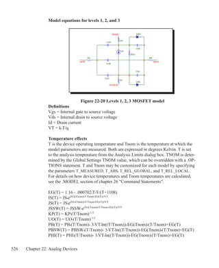 526 Chapter 22: Analog Devices
Model equations for levels 1, 2, and 3
Figure 22-20 Levels 1, 2, 3 MOSFET model
Definitions
Vgs = Internal gate to source voltage
Vds = Internal drain to source voltage
Id = Drain current
VT = k•T/q
Temperature effects
T is the device operating temperature and Tnom is the temperature at which the
model parameters are measured. Both are expressed in degrees Kelvin. T is set
to the analysis temperature from the Analysis Limits dialog box. TNOM is deter-
mined by the Global Settings TNOM value, which can be overridden with a .OP-
TIONS statement. T and Tnom may be customized for each model by specifying
the parameters T_MEASURED, T_ABS, T_REL_GLOBAL, and T_REL_LOCAL.
For details on how device temperatures and Tnom temperatures are calculated,
see the .MODEL section of chapter 26 Command Statements.
EG(T) = 1.16 - .000702•T•T/(T+1108)
IS(T) = IS•e(EG(Tnom)•T/Tnom-EG(T))/VT
JS(T) = JS•e(EG(Tnom)•T/Tnom-EG(T))/VT
JSSW(T) = JSSW•e(EG(Tnom)•T/Tnom-EG(T))/VT
KP(T) = KP•(T/Tnom)-1.5
UO(T) = UO•(T/Tnom)-1.5
PB(T) = PB•(T/Tnom)- 3•VT•ln((T/Tnom))-EG(Tnom)•(T/Tnom)+EG(T)
PBSW(T) = PBSW•(T/Tnom)- 3•VT•ln((T/Tnom))-EG(Tnom)•(T/Tnom)+EG(T)
PHI(T) = PHI•(T/Tnom)- 3•VT•ln((T/Tnom))-EG(Tnom)•(T/Tnom)+EG(T)
 