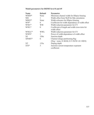 537
Model parameters for BSIM3 level 8 and 49
Name	 Default	 Parameter
WMIN*	 None	 Minimum channel width for HSpice binning
WR	 1	 Width offset from Weff for Rds calculation
WREF*	 None	 Width reference for HSpice binning
WW*	 0	 Coefficient for width dependence of width offset
WWC*	 WW	 Width reduction parameter for CV
WWL*	 0	 Coefficient of length and width cross term for
		 width offset
WWLC*	 WWL	 Width reduction parameter for CV
WWN*	 1	 Power of width dependence of width offset
XJ	 150n	 Junction depth
XPART*	 0	 Channel charge partitioning flag
		 (Neg = none, 0=40/60, 0.5=50/50 1.0=100/0)
XT	 155n	 Doping depth
XTI*	 3	 Junction current temperature exponent
		 coefficient
 