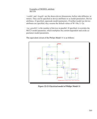 569
	 Examples of MODEL attribute
	 IRF350
width and length are the drawn device dimensions, before side diffusion, in
meters. They can be specified as device attributes or as model parameters. Device
attributes, if specified, supersede model parameters. If neither model nor device
attributes are specified, they assume the default values of W=10u, L=2u.
no_parallel is the number of devices in parallel. If specified, it overrides the
MULT model parameter, which multiplies the current-dependent and oxide ca-
pacitance model parameters.
The equivalent circuit of the Philips Model 11 is as follows:
Figure 22-21 Electrical model of Philips Model 11
 