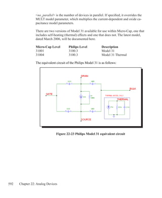 592 Chapter 22: Analog Devices
no_parallel is the number of devices in parallel. If specified, it overrides the
MULT model parameter, which multiplies the current-dependent and oxide ca-
pacitance model parameters.
There are two versions of Model 31 available for use within Micro-Cap, one that
includes self-heating (thermal) effects and one that does not. The latest model,
dated March 2006, will be documented here.
Micro-Cap Level	 Philips Level		 Description
31001			 3100.3			 Model 31
31004			 3100.3 			 Model 31 Thermal
The equivalent circuit of the Philips Model 31 is as follows:
Figure 22-23 Philips Model 31 equivalent circuit
 