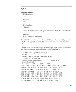 621
N_Port
Schematic format
	 PART attribute
	 name
	 Example
	 SP1
	 FILE attribute
	 file name
	 The FILE attribute specifies the path and name of the N-Port parameter file.
	 Example
	 E:MC10dataGg10v20m.s2p
The N_PORT device is a general device with N ports characterized by a set of
S, Y, Z, G, H, T, or ABCD parameters contained in standard Touchstone data
files.
Typically these files are provided by RF suppliers in a text file as a table of val-
ues. Here, for example, is a set of typical 2-port S parameters:
! SIEMENS Small Signal Semiconductors
! BFG194
! Si PNP RF Bipolar Junction Transistor in SOT223
! VCE = -10 V IC = -20 mA
! Common Emitter S-Parameters: August 1996
# GHz S MA R 50
! f S11 S21 S12 S22
! GHz MAG ANG MAG ANG MAG ANG MAG ANG
0.010 0.3302 -25.4 35.370 169.9 0.0053 85.3 0.9077 -10.0
0.020 0.3471 -48.2 33.679 161.6 0.0108 77.5 0.8815 -19.8
0.050 0.4525 -95.0 27.726 139.2 0.0226 61.4 0.7258 -43.7
0.100 0.5462 -131.5 19.023 118.7 0.0332 52.2 0.5077 -68.7
0.150 0.5723 -149.4 13.754 106.4 0.0394 49.1 0.3795 -84.8
0.200 0.5925 -159.8 10.787 99.1 0.0443 50.1 0.3068 -95.0
0.250 0.6023 -167.0 8.757 93.4 0.0497 51.2 0.2581 -104.8
0.300 0.6089 -172.2 7.393 89.0 0.0552 52.4 0.2298 -112.2
...
 