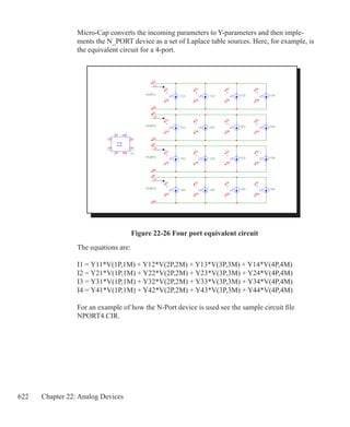 622 Chapter 22: Analog Devices
Micro-Cap converts the incoming parameters to Y-parameters and then imple-
ments the N_PORT device as a set of Laplace table sources. Here, for example, is
the equivalent circuit for a 4-port.
Figure 22-26 Four port equivalent circuit
The equations are:
I1 = Y11*V(1P,1M) + Y12*V(2P,2M) + Y13*V(3P,3M) + Y14*V(4P,4M)
I2 = Y21*V(1P,1M) + Y22*V(2P,2M) + Y23*V(3P,3M) + Y24*V(4P,4M)
I3 = Y31*V(1P,1M) + Y32*V(2P,2M) + Y33*V(3P,3M) + Y34*V(4P,4M)
I4 = Y41*V(1P,1M) + Y42*V(2P,2M) + Y43*V(3P,3M) + Y44*V(4P,4M)
For an example of how the N-Port device is used see the sample circuit file
NPORT4.CIR.
 