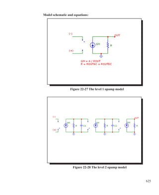 625
Model schematic and equations:
Figure 22-27 The level 1 opamp model
	 Figure 22-28 The level 2 opamp model
 