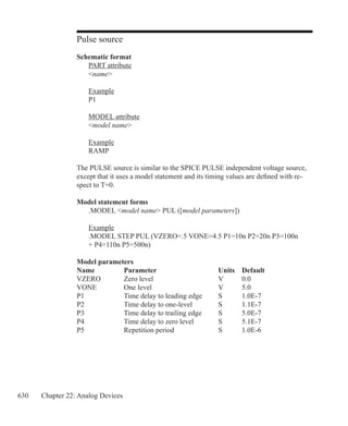 630 Chapter 22: Analog Devices
Pulse source
Schematic format
	 PART attribute
	 name
	 Example
	 P1
	 MODEL attribute
	 model name
	 Example
	 RAMP
The PULSE source is similar to the SPICE PULSE independent voltage source,
except that it uses a model statement and its timing values are defined with re-
spect to T=0.
Model statement forms
	 .MODEL model name PUL ([model parameters])
	 Example
	 .MODEL STEP PUL (VZERO=.5 VONE=4.5 P1=10n P2=20n P3=100n
	 + P4=110n P5=500n)
Model parameters
Name		 Parameter			 Units	 Default
VZERO	 Zero level			 V	 0.0
VONE		 One level			 V	 5.0
P1			 Time delay to leading edge	 S	 1.0E-7
P2			 Time delay to one-level		 S	 1.1E-7
P3			 Time delay to trailing edge	 S	 5.0E-7
P4			 Time delay to zero level		 S	 5.1E-7
P5			 Repetition period		 S	 1.0E-6
 
