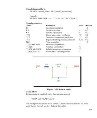 635
Model statement form
	 .MODEL model_name RES ([model parameters])
	 Example
	 .MODEL RM RES (R=2.0 LOT=10% LS=2.3n TC1=.015)
Model parameters
Name			 Parameter				 Units	 Default
R				 Resistance multiplier				 1.0
LS				 Series inductance			 H	 0.0
CP				 Parallel capacitance			 F	 0.0
TC1			 Linear temperature coefficient		 °C-1
	 0.0
TC2			 Quadratic temperature coefficient	 °C-2
	 0.0
TCE			 Exponential temperature coefficient	 %/°C	 0.0
NM				 Noise multiplier					 1.0
T_MEASURED	 Measured temperature			 °C	
T_ABS			 Absolute temperature			 °C
T_REL_GLOBAL	 Relative to current temperature		 °C	
T_REL_LOCAL	 Relative to AKO temperature		 °C	
Figure 22-33 Resistor model
Noise effects
Resistor noise is modeled with a thermal noise current:
	 I = NM * sqrt(4*K*T/rvalue )
NM multiplies the resistor noise current. A value of zero eliminates the noise
contribution from all resistors that use the model.
 