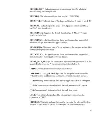 67
	 DIGERRLIMIT: Default maximum error message limit for all digital
	 devices during each analysis run.
	 DIGFREQ: The minimum digital time step is 1 / DIGFREQ.
	 DIGINITSTATE: Initial state of flip-flops and latches: 0=clear, 1=set, 2=X.
	 DIGIOLVL: Default digital IO level, 1 to 4. Specifies one of four DtoA
	 and AtoD interface circuits.
	 DIGMNTYMX: Specifies the default digital delay: 1=Min, 2=Typical,
	 3=Max, 4=Min/Max.
	 DIGMNTYSCALE: Specifies scale factor used to calculate unspecified
	 minimum delays from specified typical delays.
	 DIGOVRDRV: Minimum ratio of drive resistances for one gate to overdrive
	 another driving the same node.
	 DIGTYMXSCALE: Specifies scale factor used to calculate unspecified
	 maximum delays from specified typical delays.
	 DIODE_MAX_IS: Clips the temperature adjusted diode parameter IS at the
	 specified value when the N parameter in the diode is below .1.
	 GMIN: Specifies the minimum branch conductance.
	 INTERPOLATION_ORDER: Specifies the interpolation order used in
	 FFTs in transient and Harmonic and Intermodulation distortion analysis.
	 ITL1: Operating point iteration limit before supply relaxation is attempted.
	 ITL2: DC transfer curve iteration limit for each point of the DC sweep.
	 ITL4: Transient analysis iteration limit for each time point.	
	 LONE: This is the value produced by a logical expression when the
	 expression is TRUE.
	 LTHRESH: This is the voltage that must be exceeded for a logical boolean
	 function to emit an LONE state. For example, the expression V(1) 
 