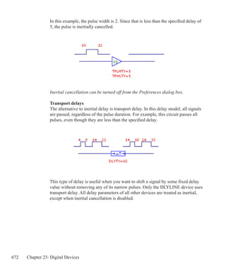 672 Chapter 23: Digital Devices
In this example, the pulse width is 2. Since that is less than the specified delay of
5, the pulse is inertially cancelled.
Inertial cancellation can be turned off from the Preferences dialog box.
Transport delays
The alternative to inertial delay is transport delay. In this delay model, all signals
are passed, regardless of the pulse duration. For example, this circuit passes all
pulses, even though they are less than the specified delay.
This type of delay is useful when you want to shift a signal by some fixed delay
value without removing any of its narrow pulses. Only the DLYLINE device uses
transport delay. All delay parameters of all other devices are treated as inertial,
except when inertial cancellation is disabled.
 