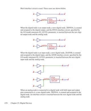 678 Chapter 23: Digital Devices
DtoA interface circuit is used. These cases are shown below.
When the digital node is an input node, a new digital node, 2$ATOD, is created
and assigned to the digital input, and the ATOD interface circuit, specified by the
I/O model statement IO_LEVEL parameter, is inserted between the new digital
input node and the analog node.
When the digital node is an output node, a new digital node, 2$DTOA, is created
and assigned to the digital output, and the DTOA interface circuit, specified by
the I/O model statement IO_LEVEL parameter, is inserted between the new digi-
tal output node and the analog node.
When an analog node is connected to a digital node with both input and output
pins connected to it, a new digital node, 2$DTOA, is created and assigned to the
digital node. An interface circuit is inserted between the new digital node and the
analog node.
 