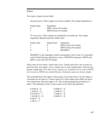 687
Gates
Two types of gates are provided:
	 Standard gates: Their outputs are always enabled. The output impedance is:
	 Output State 	 Impedance
	 0			 DRVL (from I/O model)
	 1			 DRVH (from I/O model)
	 Tri-state gates: Their outputs are enabled by an enable pin. The output
	 impedance depends upon the enable state:
	 Enable state		 Output State	 Impedance
	 1			 0		 DRVL (from I/O model)
	 1			 1		 DRVH (from I/O model)
	 0			 Z		 DIGDRVZ
	 DIGDRVZ is the impedance which corresponds to the Z state. It is specified
	 in the Global Settings dialog box or by a .OPTIONS statement. DRVH and
	 DRVL come from the I/O model.
Gates come in two forms, simple and arrays. Simple gates have one or more in-
puts, but only one output. Arrays contain one or more simple gates, with one out-
put per simple gate. Note that arrays of gates are available for use only in SPICE
text circuits or SPICE text subckt libraries. Schematic gates are always simple.
The usual Boolean rules apply to these gates. If an input state is X, the output is
calculated for an input of 1 and an input of 0. If the output state differs for these
two calculations, then the output is X. This avoids propagating pessimistic X
states. This definition of the X state results in the following identities:
	 0 AND X = 0		 0 NOR X = X
	 1 AND X = X		 1 NOR X = 0
	 0 NAND X = 1		 1 XOR X = X
	 1 NAND X = X		 0 XOR X = X	
	 0 OR X = X
	 1 OR X = 1
	
	
		
 
