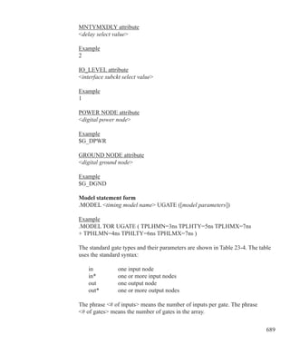 689
MNTYMXDLY attribute
delay select value
Example
2
IO_LEVEL attribute
interface subckt select value
Example
1
POWER NODE attribute
digital power node
Example
$G_DPWR
GROUND NODE attribute
digital ground node
Example
$G_DGND
Model statement form
.MODEL timing model name UGATE ([model parameters])
Example
.MODEL TOR UGATE ( TPLHMN=3ns TPLHTY=5ns TPLHMX=7ns
+ TPHLMN=4ns TPHLTY=6ns TPHLMX=7ns )
The standard gate types and their parameters are shown in Table 23-4. The table
uses the standard syntax:
	 in		 one input node
	 in*		 one or more input nodes
	 out		 one output node
	 out*	 one or more output nodes
The phrase # of inputs means the number of inputs per gate. The phrase
# of gates means the number of gates in the array.
 
