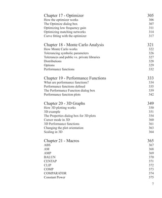 Chapter 17 - Optimizer 305
How the optimizer works 306
The Optimize dialog box 307
Optimizing low frequency gain 311
Optimizing matching networks 314
Curve fitting with the optimizer 317
Chapter 18 - Monte Carlo Analysis 321
How Monte Carlo works 322
Tolerancing symbolic parameters 326
Tolerances and public vs. private libraries 327
Distributions 328
Options 329
Performance functions 332
Chapter 19 - Performance Functions 333
What are performance functions? 334
Performance functions defined 335
The Performance Function dialog box 339
Performance function plots 342
Chapter 20 - 3D Graphs 349
How 3D plotting works 350
3D example 351
The Properties dialog box for 3D plots 354
Cursor mode in 3D 360
3D Performance functions 361
Changing the plot orientation 363
Scaling in 3D 364
Chapter 21 - Macros 365
ABS 367
AM 368
AMP 369
BALUN 370
CENTAP 371
CLIP 372
COMP 373
COMPARATOR 374
Constant Power 375
 