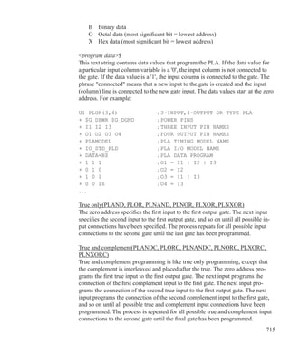 715
	 B	 Binary data
	 O	 Octal data (most significant bit = lowest address)
	 X	 Hex data (most significant bit = lowest address)
program data$
This text string contains data values that program the PLA. If the data value for
a particular input column variable is a '0', the input column is not connected to
the gate. If the data value is a '1', the input column is connected to the gate. The
phrase connected means that a new input to the gate is created and the input
(column) line is connected to the new gate input. The data values start at the zero
address. For example:
U1 PLOR(3,4)		 ;3-INPUT,4-OUTPUT OR TYPE PLA
+ $G_DPWR $G_DGND		 ;POWER PINS
+ I1 I2 I3			 ;THREE INPUT PIN NAMES
+ O1 O2 O3 O4		 ;FOUR OUTPUT PIN NAMES
+ PLAMODEL			 ;PLA TIMING MODEL NAME
+ IO_STD_PLD		 ;PLA I/O MODEL NAME
+ DATA=B$			 ;PLA DATA PROGRAM
+ 1 1 1			 ;O1 = I1 | I2 | I3
+ 0 1 0			 ;O2 = I2
+ 1 0 1			 ;O3 = I1 | I3
+ 0 0 1$			 ;O4 = I3
...
True only(PLAND, PLOR, PLNAND, PLNOR, PLXOR, PLNXOR)
The zero address specifies the first input to the first output gate. The next input
specifies the second input to the first output gate, and so on until all possible in-
put connections have been specified. The process repeats for all possible input
connections to the second gate until the last gate has been programmed.
True and complement(PLANDC, PLORC, PLNANDC, PLNORC, PLXORC,
PLNXORC)
True and complement programming is like true only programming, except that
the complement is interleaved and placed after the true. The zero address pro-
grams the first true input to the first output gate. The next input programs the
connection of the first complement input to the first gate. The next input pro-
grams the connection of the second true input to the first output gate. The next
input programs the connection of the second complement input to the first gate,
and so on until all possible true and complement input connections have been
programmed. The process is repeated for all possible true and complement input
connections to the second gate until the final gate has been programmed.
 