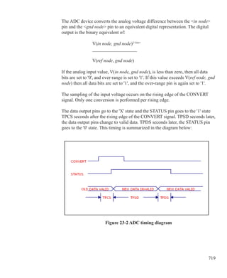 719
The ADC device converts the analog voltage difference between the in node
pin and the gnd node pin to an equivalent digital representation. The digital
output is the binary equivalent of:
			 V(in node, gnd node)2bits
			 ___________________
			 V(ref node, gnd node)
If the analog input value, V(in node, gnd node), is less than zero, then all data
bits are set to '0', and over-range is set to '1'. If this value exceeds V(ref node, gnd
node) then all data bits are set to '1', and the over-range pin is again set to '1'.
The sampling of the input voltage occurs on the rising edge of the CONVERT
signal. Only one conversion is performed per rising edge.
The data output pins go to the 'X' state and the STATUS pin goes to the '1' state
TPCS seconds after the rising edge of the CONVERT signal. TPSD seconds later,
the data output pins change to valid data. TPDS seconds later, the STATUS pin
goes to the '0' state. This timing is summarized in the diagram below:
Figure 23-2 ADC timing diagram
 
