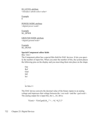 722 Chapter 23: Digital Devices
IO_LEVEL attribute
interface subckt select value
Example
0
POWER NODE attribute
digital power node
Example
$G_DPWR
GROUND NODE attribute
digital ground node
Example
$G_DGND
Special Component editor fields
Bits bits
The Component editor has a special Bits field for DAC devices. It lets you speci-
fy the number of input bits. When you enter the number of bits, the system places
the following pins on the display and you must drag them into place on the shape.
	 Out
	 Ref
	 Gnd
	 In0
	 In1
	 .
	 .
	 .
	 Inbits-1
	
The DAC device converts the decimal value of the binary inputs to an analog
voltage and impresses that voltage between the out node and the gnd node.
The analog output for n input bits, bn-1,...b1, b0 is:
		 V(out) = V(ref,gnd) (bn-1
n-1
+...+b1
1
+b0
0
) 2-n
 