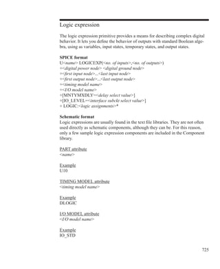 725
Logic expression
The logic expression primitive provides a means for describing complex digital
behavior. It lets you define the behavior of outputs with standard Boolean alge-
bra, using as variables, input states, temporary states, and output states.
SPICE format
Uname LOGICEXP(no. of inputs,no. of outputs)
+digital power node digital ground node
+first input node...last input node
+first output node...last output node
+timing model name
+I/O model name
+[MNTYMXDLY=delay select value]
+[IO_LEVEL=interface subckt select value]
+ LOGIC:logic assignments*
Schematic format
Logic expressions are usually found in the text file libraries. They are not often
used directly as schematic components, although they can be. For this reason,
only a few sample logic expression components are included in the Component
library.
PART attribute
name
Example
U10
TIMING MODEL attribute
timing model name
Example
DLOGIC
I/O MODEL attribute
I/O model name
Example
IO_STD
 