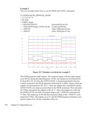 756 Chapter 23: Digital Devices
Figure 23-7 Stimulus waveform for example 5
Example 5
This next example shows how to use the INCR and UNTIL commands.
U1 STIM(8,44) $G_DPWR $G_DGND
+ 1 2 3 4 5 6 7 8
+ IO_STD
+ LABEL=begin
+ + 0NS INCR BY 01			 ;Increment by hex 01
+ + 10NS GOTO begin UNTIL GE 06	 ;Count until 06 hex
+ + 10NS F0				 ;After 10NS goto F0 hex
+ + 10NS F1				 ;After 10NS goto F1 hex
This STIM generates eight outputs. The sequence begins with the eight outputs
set to 00 hex during the operating point. At 0ns, the outputs are incremented by
01 from 00 to 01. At 10ns, the GOTO-UNTIL is checked and found to be true.
Control is passed to the INCR statement following the LABEL=begin, where the
outputs are incremented to 02. At T = 50ns, the outputs have reached 05 and the
GOTO-UNTIL test sends execution back to the INCR command. This command
at T=50ns, increments the outputs to 06. At T = 60ns, the outputs are at 06 and
the GOTO-UNTIL test fails. Execution drops to the '+10NS F0' command and
T=70ns. The outputs go to F0 and then execution drops to the '+10NS F1' com-
mand and T=80ns. The outputs go to F1 and the STIM program terminates, leav-
ing the outputs at F1 for the remainder of the run.
 