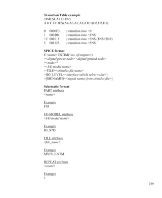759
Transition Table example
TIMESCALE=1NS
A B C D HEX(A4,A3,A2,A1) OCT(D3,D2,D1)
0	 0000F3	 ; transition time =0
1	 000104	 ; transition time =1NS
+2	 001015	 ; transition time =3NS (1NS+2NS)
5	 001126	 ; transition time =5NS
SPICE format
Uname FSTIM(no. of outputs)
+digital power node digital ground node
+node*
+I/O model name
+ FILE=stimulus file name
+[IO_LEVEL=interface subckt select value]
+[SIGNAMES=signal names from stimulus file]
Schematic format
PART attribute
name
Example
FS1
I/O MODEL attribute
I/O model name
Example
IO_STD
FILE attribute
file_name
Example
MYFILE.STM
REPEAT attribute
count
Example
1
 
