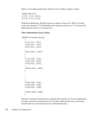 788 Chapter 25: Expressions
Here is a two-dimensional array with two rows of three complex values:
.ARRAY RV (2,3)
{1+2*j , 2+3*j , 4+6*j},
{5+2*j , 3+7*j , 4+2*j}
With these definitions, RV(I)(J) accesses column J from row I. RV(1,2) would
access the element 4+2*j. Remember the elements start at 0, so J=2 accesses the
third element in the I=1 or second row.
Three Dimensional Array Syntax
.ARRAY arrayname (m,n,p)
	 {
	 {v111,v121,...v1n1},
	 {v221,v231,...v2n1},
	 {v311,v321,...v3n1},
	 ...
	 {vm11,vm21,...vmn1}
	 },
	 {
	 {v112,v122,...v1n2},
	 {v222,v232,...v2n2},
	 {v312,v322,...v3n2},
	 ...
	 {vm12,vm22,...vmn2}
	 },
	 ...
	 ...
	 ...
	 {
	 {v11p,v12p,...v1np},
	 {v22p,v23p,...v2np},
	 {v31p,v32p,...v3np},
	 ...
	 {vm1p,vm2p,...vmnp}
	 }
Put braces around all dimensions except the first and the last. For two dimension-
al arrays, put braces around each row. For three dimensional arrays, put braces
around each row, and around each two-dimensional array.
 