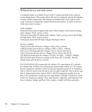 792 Chapter 25: Expressions
Wildcard device and node names
A wildcard syntax is available for use in the Y Expression field of the Analysis
Limits dialog boxes. This syntax allows the user to compactly specify the plotting
of many similar expressions. The brackets [] and the letter @ are used as wild
cards. [] means to expand the contents between the brackets. @ refers to devices
while @@ refers to nodes:
Node examples:
D([@@]) means plot all digital node states: D(all_digital_nodes) and all analog
node voltages: V(all_analog_nodes).
V([@@]) means plot all analog node voltages: V(all_analog_nodes) and all digi-
tal node states: D(all_digital_nodes).
V([A@@]) means plot all node voltages that begin with A.
Device examples:
V([@]) means plot all device voltages: V(all_device_names).
V([R@]) means plot all device voltages: V(R1), V(R2),...V(Rall).
V([C1,C2,C3]) means plot the voltages: V(C1), V(C2), and V(C3).
V(L[1:3]) means plot the device voltages V(L1), V(L2), and V(L3).
V[C,B]([@]) means plot the voltages: VC(Q1), VC(Q2), ...VB(Q1), VB(Q2)...
I([L@]) means plot all device currents of the form: I(L1), I(LAB),...I(Lall).
I([@]) means plot all device currents.
[V,C,I,Q,X] ([C@,L@]) means plot all voltages (V), capacitances (C), currents
(I), charges (Q), or fluxes (X) whose device names begin with C or L. If a circuit
has two capacitors named C1 and C22 and one inductor named L3, it would plot
V(C1), V(C22), C(C1), C(C22), I(C1), I(C22), Q(C1), Q(C22), V(L3), I(L3), and
X(L3). Nonexistent terms, such as X(C1), X(C22) (capacitors usually have no
flux), C(L3) (inductors usually have no capacitance), and Q(L3) (inductors usual-
ly have no charge) are ignored. Note, that resistors, capacitors, and inductors will
have resistance, charge, and flux if they employ a model with those parasitics.
 
