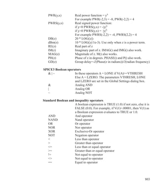 803
	 PWR(y,x)		 Real power function = yx
				 For example PWR(-2,3) = -8, PWR(-2,2) = 4
	 PWRS(y,x)		 Real signed power function:
				 if y0 PWRS(y,x) = -|y|x 
				 if y0 PWRS(y,x) = |y|x 
				 For example PWRS(-2,2) = -4, PWRS(2,2) = 4
	 DB(z)		 20 * LOG(|z|)
	 dBm(z)		 10 * LOG(|z|/1e-3). Use only when z is a power term.
	 RE(z)		 Real part of z
	 IM(z)		 Imaginary part of z. IMAG() and IMG() also work.
	 MAG(z)		 Magnitude of z. M() also works.
	 PH(z)		 Phase of z in degrees. PHASE() and P() also work.
	 GD(z)		 Group delay=-∂(Phase(z in radians))/∂(radian frequency)
 SPICE3 Boolean operators
	  | ~		 In these operators A = LONE if V(A)=VTHRESH
				 Else A = LZERO. The parameters VTHRESH, LONE
				 and LZERO are set in the Global Settings dialog box.
	 			 Analog AND
	 |			 Analog OR
	 ~			 Analog NOT
Standard Boolean and inequality operators
				 A boolean expression is TRUE (1.0) if not zero, else it is
				 FALSE (0.0). For example, if V(1)=.00001, then V(1) as
				 a Boolean expression evaluates to TRUE or 1.0.
	 AND		 And operator
	 NAND		 Nand operator
	 OR			 Or operator	
	 NOR		 Nor operator
	 XOR		 Exclusive-Or operator
	 NOT		 Negation operator
	 			 Less than operator
	 			 Greater than operator
	 =			 Less than or equal operator
	 =			 Greater than or equal operator
	 !=			 Not equal to operator
	 			 Not equal to operator
	 ==			 Equal to operator
 