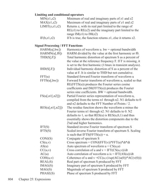 804 Chapter 25: Expressions
Limiting and conditional operators
	 MIN(z1,z2)		 Minimum of real and imaginary parts of z1 and z2
	 MAX(z1,z2)	 Maximum of real and imaginary parts of z1 and z2
	 LIMIT(z,z1,z2)	 Returns z, with its real part limited to the range of
				 RE(z1) to RE(z2) and the imaginary part limited to the
				 range IM(z1) to IM(z2)
	 IF(b,z1,z2)		 If b is true, the function returns z1, else it returns z2.
Signal Processing / FFT Functions
	 HARM(u[,bw])	 Harmonics of waveform u. bw = optional bandwidth
	 HARMN(u[,f0])	 HARM divided by the value at the first harmonic or f0.
	 THD(S[,F])		 Total harmonic distortion of spectrum S as a percent of
				 the value at the reference frequency F. If F is missing, it
				 is set to the first harmonic (1/tmax in transient analysis).
	 IHD(S[,F])		 Individual harmonic distortion of S as a percent of the
				 value at F. It is similar to THD but not cumulative.
	 FFT(u)		 Standard forward Fourier transform of waveform u
	 FFTS(u[,bw])	 Forward Fourier transform of waveform u, scaled so that
				 RE(FFTS(u)) produces the Fourier series cosine
				 coefficients and IM(FFTS(u)) produces the Fourier
				 series sine coefficients. BW = optional bandwidth.
	 FS(u[,n1[,n2]])	 Partial Fourier series representation of waveform u,
				 compiled from the terms n1 through n2. N1 defaults to 0
				 and n2 defaults to the FFT Number of Points / 2.
	 RES(u[,n1[,n2]])	 The residue function shows the waveform u minus the
				 Fourier terms n1 through n2. N1 defaults to 0. N2
				 defaults to 1, so that RES(u) is RES(u,0,1) and thus
				 essentially shows the distortion components due to the
				 2'nd and higher harmonics.
	 IFT(S)		 Standard inverse Fourier transform of spectrum S
	 IFTS(S)		 Scaled inverse Fourier transform of spectrum S. Scaling
				 is such that IFTS(FFTS(u)) = u.
	 CONJ(S)		 Conjugate of spectrum S
	 CS(u,v)		 Cross spectrum = CONJ(FFT(v))*FFT(u)*dt*dt
	 AS(u)		 Auto spectrum of waveform u = CS(u,u)
	 CC(u,v)		 Cross correlation of u and v = IFT(CS(u,v))/dt
	 AC(u)		 Auto correlation of waveform u is = IFT(AS(u))/dt
	 COH(u,v)		 Coherence of u and v =CC(u,v)/sqr(AC(u(0))*AC(v(0)))
	 REAL(S)		 Real part of spectrum S produced by FFT
	 IMAG(S)		 Imaginary part of spectrum S produced by FFT
	 MAG(S)		 Magnitude of spectrum S produced by FFT
	 PHASE(S)		 Phase of spectrum S produced by FFT
 