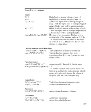809
Sample expressions
Digital
D(10)				 Digital state or analog voltage of node 10
V(20)				 Digital state or analog voltage of node 20
D(1)  D(2)			 AND of the digital state or analog voltage of
					 node 1 with the digital state or analog voltage of
					 node 2. Nodes must both be analog or digital.
V(1) | V(2)			 OR of the digital state or analog voltage of node
					 1 with the digital state or analog voltage of node
					 2. Nodes must both be analog or digital.
Hex(A,B,C,D)+Hex(R,S,T,U)	 Hex sum of two hex values. The first term is
					 the hex value of the states on nodes A, B, C, D.
					 The second term is the hex value of the states
					 on nodes R, S, T, U. The result is the hex sum
					 of these two hex values.
Laplace source transfer functions
1.0/(1.0+.001*s+1e-12*s*s)	 Transfer function of a second order filter
exp(-(s*C*(R+s*L))^0.5)	 Transfer function equation for a lossy
					 transmission line (R, L, and C are the per unit
					 length values)
Function sources
exp(-T/.5)*sin(2*PI*10*T)	 An exponentially damped 10 Hz sine wave
-k*(v(p)-v(c)+mu*(v(g)-v(c)))**1.5			
					 The current equation for a vacuum triode. The
					 terms p, g, and c are the plate, grid, and cathode
					 names. v(p), v(g), and v(c) are the voltage at
					 the plate, grid, and cathode respectively.
Capacitance
2pF/((1-v(p,n)/.7)^.5)		 Typical junction capacitance expression
5.0pF*(1+2e-6*T)		 A time-dependent capacitor
Resistance
5*(1+2*(TEMP - 273)^2)	 A temperature-dependent resistance
Inductance
(1u/(1+I(L1)^2))		 A nonlinear inductance
2.6uH*(1+(t-1e-7)**2.0)	 A time-dependent inductance
 