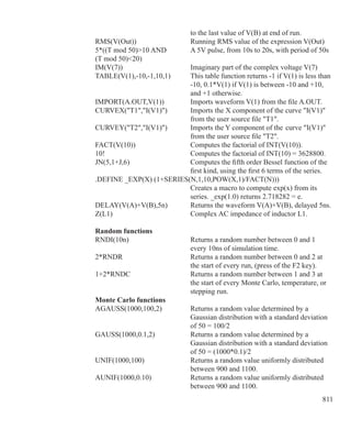 811
					 to the last value of V(B) at end of run.
RMS(V(Out))			 Running RMS value of the expression V(Out)
5*((T mod 50)10 AND 	 A 5V pulse, from 10s to 20s, with period of 50s
(T mod 50)20)	
IM(V(7))			 Imaginary part of the complex voltage V(7)
TABLE(V(1),-10,-1,10,1)	 This table function returns -1 if V(1) is less than
					 -10, 0.1*V(1) if V(1) is between -10 and +10,
					 and +1 otherwise.
IMPORT(A.OUT,V(1))		 Imports waveform V(1) from the file A.OUT.
CURVEX(T1,I(V1))	 Imports the X component of the curve I(V1) 		
					 from the user source file T1.
CURVEY(T2,I(V1))	 Imports the Y component of the 	curve I(V1)
					 from the user source file T2.
FACT(V(10))			 Computes the factorial of INT(V(10)).
10!					 Computes the factorial of INT(10) = 3628800.
JN(5,1+J,6)			 Computes the fifth order Bessel function of the
					 first kind, using the first 6 terms of the series.
.DEFINE _EXP(X) (1+SERIES(N,1,10,POW(X,1)/FACT(N)))
					 Creates a macro to compute exp(x) from its
					 series. _exp(1.0) returns 2.718282 = e.
DELAY(V(A)+V(B),5n)	 Returns the waveform V(A)+V(B), delayed 5ns.
Z(L1)				 Complex AC impedance of inductor L1.
Random functions			
RNDI(10n)			 Returns a random number between 0 and 1
					 every 10ns of simulation time. 
2*RNDR			 Returns a random number between 0 and 2 at
					 the start of every run, (press of the F2 key).
1+2*RNDC			 Returns a random number between 1 and 3 at
					 the start of every Monte Carlo, temperature, or
					 stepping run.
Monte Carlo functions			
AGAUSS(1000,100,2)		 Returns a random value determined by a
					 Gaussian distribution with a standard deviation
					 of 50 = 100/2
GAUSS(1000,0.1,2)		 Returns a random value determined by a
					 Gaussian distribution with a standard deviation
					 of 50 = (1000*0.1)/2
UNIF(1000,100)		 Returns a random value uniformly distributed
					 between 900 and 1100.
AUNIF(1000,0.10)		 Returns a random value uniformly distributed
					 between 900 and 1100.
 