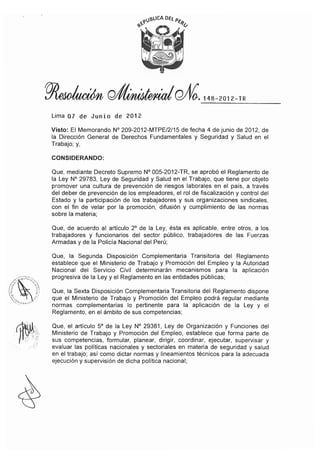 RESOLUCIÓN MINISTERIAL Nº 148-2012-TR
