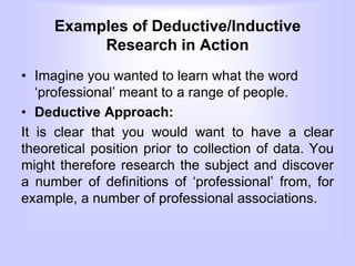 Examples of Deductive/Inductive
Research in Action
• Imagine you wanted to learn what the word
‘professional’ meant to a range of people.
• Deductive Approach:
It is clear that you would want to have a clear
theoretical position prior to collection of data. You
might therefore research the subject and discover
a number of definitions of ‘professional’ from, for
example, a number of professional associations.
 