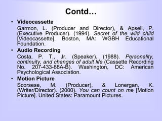 Contd…
• Videocassette
Garmon, L. (Producer and Director), & Apsell, P.
(Executive Producer). (1994). Secret of the wild child
[Videocassette]. Boston, MA: WGBH Educational
Foundation.
• Audio Recording
Costa, P. T., Jr. (Speaker). (1988). Personality,
continuity, and changes of adult life (Cassette Recording
No. 207-433-88A-B). Washington, DC: American
Psychological Association.
• Motion Picture
Scorsese, M. (Producer), & Lonergan, K.
(Writer/Director). (2000). You can count on me [Motion
Picture]. United States: Paramount Pictures.
 