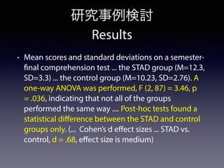 研究事例検討
Results
• Mean scores and standard deviations on a semester-
final comprehension test ... the STAD group (M=12.3,
SD=3.3) ... the control group (M=10.23, SD=2.76). A
one-way ANOVA was performed, F (2, 87) = 3.46, p
= .036, indicating that not all of the groups
performed the same way .... Post-hoc tests found a
statistical diﬀerence between the STAD and control
groups only. (... Cohen’s d eﬀect sizes ... STAD vs.
control, d = .68, eﬀect size is medium)
 