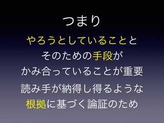 やろうとしていることと
そのための手段が
かみ合っていることが重要
つまり
読み手が納得し得るような
根拠に基づく論証のため
 