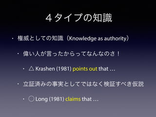 ４タイプの知識
• 権威としての知識（Knowledge as authority）
• 偉い人が言ったからってなんなのさ！
• △ Krashen (1981) points out that …
• 立証済みの事実としてではなく検証すべき仮説
• ⃝ Long (1981) claims that …
 