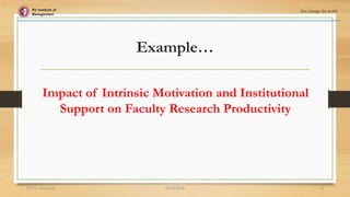 Example…
Impact of Intrinsic Motivation and Institutional
Support on Faculty Research Productivity
RV Institute of
Management
Go, change the world
6/25/2024
RVIM, Bangalore 13
 