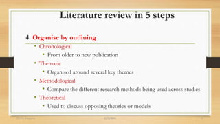 Literature review in 5 steps
4. Organise by outlining
• Chronological
• From older to new publication
• Thematic
• Organised around several key themes
• Methodological
• Compare the different research methods being used across studies
• Theoretical
• Used to discuss opposing theories or models
6/25/2024
RVIM, Bangalore 15
 