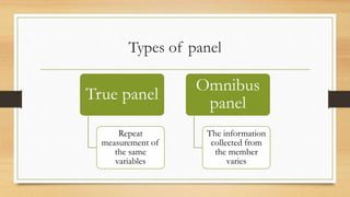 Types of panel
True panel
Repeat
measurement of
the same
variables
Omnibus
panel
The information
collected from
the member
varies
 