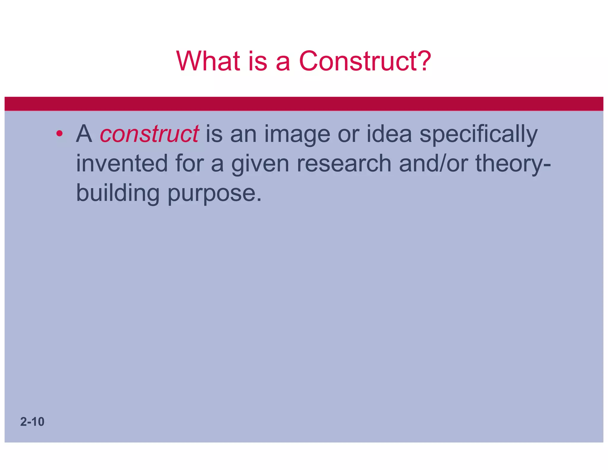 What is a Construct?

       • A construct is an image or idea specifically
         invented for a given research and/or theory-
         building purpose.




2-10
 