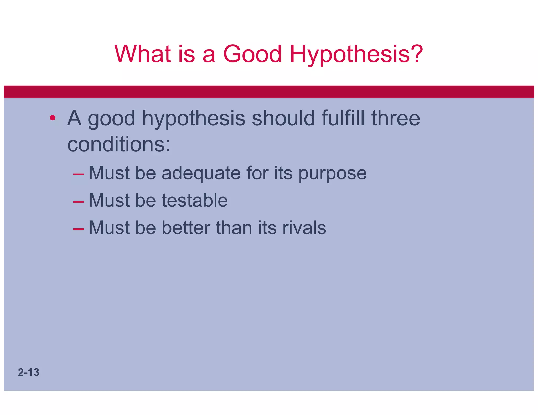 What is a Good Hypothesis?

       • A good hypothesis should fulfill three
         conditions:
         – Must be adequate for its purpose
         – Must be testable
         – Must be better than its rivals




2-13
 