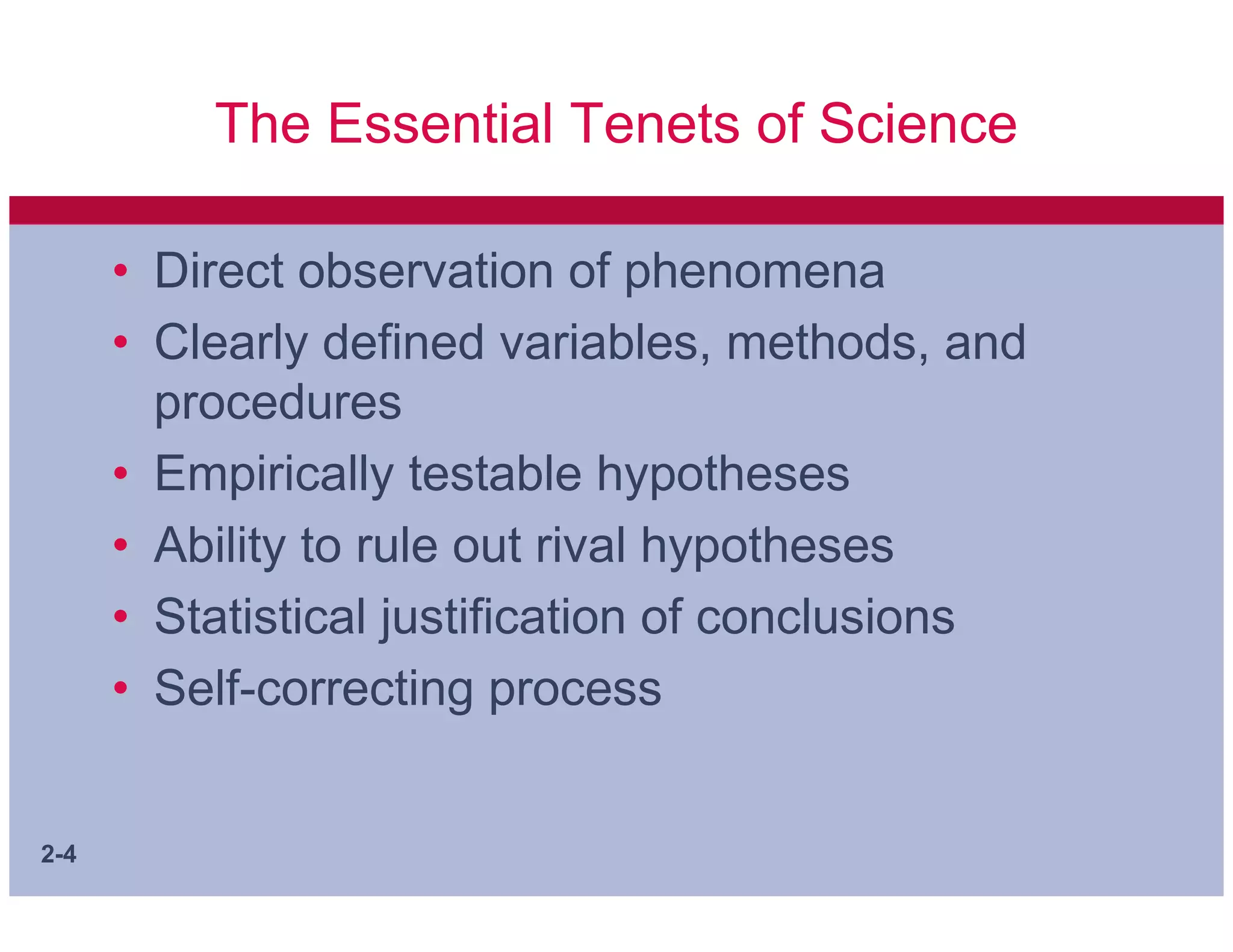 The Essential Tenets of Science

      • Direct observation of phenomena
      • Clearly defined variables, methods, and
        procedures
      • Empirically testable hypotheses
      • Ability to rule out rival hypotheses
      • Statistical justification of conclusions
      • Self-correcting process


2-4
 