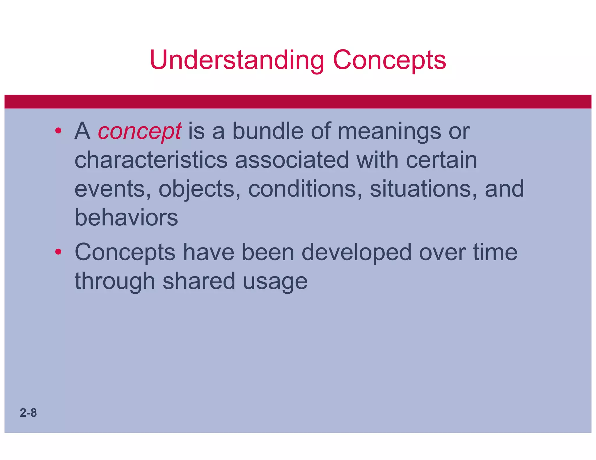 Understanding Concepts

      • A concept is a bundle of meanings or
        characteristics associated with certain
        events, objects, conditions, situations, and
        behaviors
      • Concepts have been developed over time
        through shared usage




2-8
 
