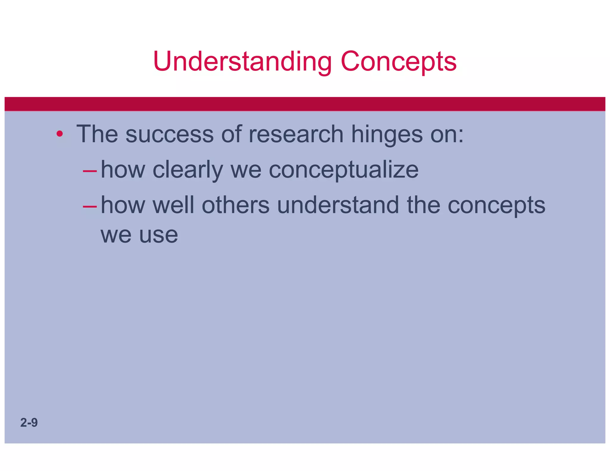Understanding Concepts

      • The success of research hinges on:
        – how clearly we conceptualize
        – how well others understand the concepts
          we use




2-9
 