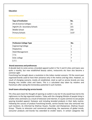 Education

General Education

    Type of Institution                                                        No.
    Arts & Science Colleges                                                    16
    High/Hr./Sr. Secondary Schools                                             221
    Middle School                                                              250
    Primary Schools                                                            1137

Professional Colleges

    Profession College Type                                                     No.
    Engineering College                                                         1
    Polytechnic                                                                 1
    Hotel Management                                                            1
    I.T.Is                                                                      7
    B.Ed. college                                                               7
    E.T.T.                                                                      1

 Brand awareness and preferences
A decade back to come across a branded apparel outlet in Tier II and III cities and towns was
quite a novelty, but now established beauty salons, restaurants etc have also become a
common sight
Franchising has brought about a revolution in the Indian market scenario. Till the recent past
organized brands used to have their presence only in the metros and big cities. However, as
result of changing scenario, mostly all established, retail as well as service brands are now
foraying into smaller cities and towns. This is a calculated step taken by retailers and
franchisors after seeing the tremendous potential in such markets.

Small towns attracting big service brands

Till a few years back the thought of opening an outlet in any tier III city would have led to the
nightmares to the big organized retailers. Today with the changing lifestyle of people living in
smaller cities and towns as a result of television and internet, it is quite common to see people
wearing branded apparel, footwear and including branded products in their daily routine.
Following the success of product franchising brands, service brands have also ventured into
such locations. As informed by Shahnaz Husain, Founder and Chairperson, Shahnaz Husain
Group: “Thanks to television and commercial advertising, the awareness of global trends,
consumer products and brands has extended to smaller towns. In certain categories like
 