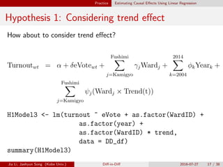 Practice Estimating Causal E↵ects Using Linear Regression
Hypothesis 1: Considering trend e↵ect
How about to consider trend e↵ect?
Turnoutwt = ↵ + eVotewt +
FushimiX
j=Kamigyo
jWardj +
2014X
k=2004
kYeark +
FushimiX
j=Kamigyo
j(Wardj ⇥ Trend(t))
H1Model3 <- lm(turnout ~ eVote + as.factor(WardID) +
as.factor(year) +
as.factor(WardID) * trend,
data = DD_df)
summary(H1Model3)
Jia Li, Jaehyun Song (Kobe Univ.) Di↵-in-Di↵ 2016-07-27 17 / 38
 