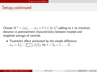 Synthetic Control Method
Setup,continued
Choose W⇤
= (w⇤
2, . . . , wJ + 1⇤
) 2 [0, 1]J
,adding to 1 to minimize
distance in pretreatment characteristics between treated and
weighted average of controls
Treatment e↵ect estimated by the simple di↵erence
ˆ↵1t = Y 1
1t
PJ+1
j=2 w⇤
j Yjt for t = T0 + 1, . . . , T1
Jia Li, Jaehyun Song (Kobe Univ.) Di↵-in-Di↵ 2016-07-27 32 / 38
 