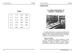 IE. SANTA CATALINA 3er Año IE. SANTA CATALINA 3er Año
LAMJ Razonamiento Matemático
32 33
CLAVES
1. E
2. C
3. B
4. B
5. D
6. C
7. E
8. B
9. D
10.A
11.A
12.D
13.A
14.A
15.A
16.B
17.B
18.B
19.B
20.D
21.B
22.E
23.D
¿SABÍAS QUÉ...
LA CARRERA PROFESIONAL DE
FARMACIA Y BIOQUÍMICA
El químico farmacéutico, como miembro de las profesiones
médicas del equipo de salud, es el especialista del medicamento,
alimento y tóxico, con sólida formación científica, tecnología y
humanística, con capacidad ejecutiva y de liderazgo.
Ámbito de Trabajo:
Industria farmacéutica, centros hospitalarios, clínicas,
farmacias, laboratorios bromatológicos, microbiológicos y
farmacológicos. Industrias químicas, fármaco químicas,
alimentarías y cosméticos. Centros de investigación y docencia.
 