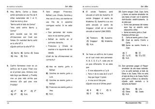 IE. SANTA CATALINA 3er Año IE. SANTA CATALINA 3er Año
LAMJ Razonamiento Matemático
26 27
5. Ana, Berta, Carlos y Diana
están sentados en una fila de 4
sillas numeradas del 1 al 4,
José los mira y dice:
“Berta está al lado de Carlos”
“Ana está entre Berta y
Carlos”
pero sucede que las dos
afirmaciones son José son
falsas. En realidad Berta está
en la silla Nº 3
¿Quién está en la silla Nº 2?
A) Berta B) Carlos C) Diana
D) Ana E) N.A.
6. Cuatro hermanos viven en un
edificio de 4 pisos. Fidel vive
en el primer piso, Antonio vive
más bajo que Manuel, y Freddy
vive un piso más arriba que
Antonio ¿En qué piso vive
Freddy?
A) 1º B) 2º C) 3º
D) 4º E) N.A.
7. Seis amigos: Francisco,
Rafael, Luis, Úrsula, Carolina y
Ana van al cine y se sientan en
una fila de 6 asientos
contiguos vacíos. Si se sabe
que:
 Dos personas del mismo
sexo no se sientan juntas.
 Rafael se sienta en el
extremo derecho.
 Francisco y Úrsula se
sientan a la izquierda de los
demás.
¿Cuál de las afirmaciones es
correcta.?
A) Ana se sienta junto a
Rafael.
B) Carolina se sienta junto a
Luis.
C) Carolina se sienta junto a
Rafael.
D) Francisco se sienta junto a
Ana.
E) N.A.
8. El volcán Temboro está
ubicado al está de Sumatra. El
volcán Singapur al oeste de
Krakatoa. EL Sumatra a su vez
está ubicado al oeste de
Singapur. ¿Cuál es el volcán
ubicado al oeste? (SM 2000)
A) Temboro B) Sumatra
C) Singapor D) Krakatoa
E) N.A.
9. Se tiene un edificio de 6 pisos
en el cual viven seis personas:
A, B, C, D, E y F, cada una en
un piso diferente. Si se sabe
que:
 E vive adyacente a C y B.
 Para ir de la casa de E a la F
hay que bajar 3 pisos.
 A vive en el 2do piso.
¿Quién vive en el último piso?
A) B B) C C) D
D) E E) N.A.
10. Cuatro amigos: José, Juan, Carla
y Karen, se sientan alrededor de
una mesa circular con 6 asientos
distribuidos simétricamente. Si
se sabe que:
 Entre dos personas del mismo
sexo hay un asiento vacío
adyacente a ellas.
 Karen se sienta junto a José
Podemos afirmar que:
I. Carla se sienta junto a Juan.
II. José se sienta frente a
Carla.
III. Karen se sienta frente a
Juan.
A) I B) II
C) I y II D) II y III
E) N.A.
11. Seis personas juegan al Póquer
alrededor de una mesa redonda:
Lito no está sentado al lado de
Elena ni de Juana, Félix no está
al lado de Gino ni de Juana, Pedro
está junto a Elena a su derecha.
¿Quién está sentado a la
derecha de Pablo?
A) Félix B) Lito
C) Elena D) Juana
E) N.A.
 