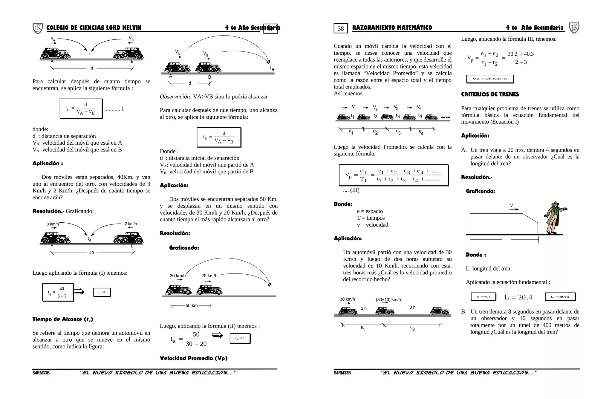 37 38COLEGIO DE CIENCIAS LORD KELVIN 4 to Año Secundaria RAZONAMIENTO MATEMÁTICO 4 to Año Secundaria
A B
t
V
d
A
VB
Para calcular después de cuanto tiempo se
encuentran, se aplica la siguiente fórmula :
BA
e VV
d
t
+
= ........... I
donde:
d : distancia de separación
VA: velocidad del móvil que está en A
VA: velocidad del móvil que está en B
Aplicación :
Dos móviles están separados, 40Km. y van
uno al encuentro del otro, con velocidades de 3
Km/h y 2 Km/h. ¿Después de cuánto tiempo se
encontrarán?
Resolución.- Graficando:
A B
t
3 km/h
40
2 km/h
e
Luego aplicando la fórmula (I) tenemos:
23
40
te
+
= 8te =
Tiempo de Alcance (ta)
Se refiere al tiempo que demora un automóvil en
alcanzar a otro que se mueve en el mismo
sentido, como indica la figura:
A B
t
d
e
VA VB
Observación: VA>VB sino lo podría alcanzar
Para calcular después de que tiempo, uno alcanza
al otro, se aplica la siguiente fórmula:
BA
a VV
d
t
−
=
Donde :
d : distancia inicial de separación
VA: velocidad del móvil que partió de A
VB: velocidad del móvil que partió de B
Aplicación:
Dos móviles se encuentran separados 50 Km.
y se desplazan en un mismo sentido con
velocidades de 30 Km/h y 20 Km/h. ¿Después de
cuanto tiempo el más rápido alcanzará al otro?
Resolución:
Graficando:
50 km
30 km/h 20 km/h
Luego, aplicando la fórmula (II) tenemos :
2030
50
ta −
= 5ta
=
Velocidad Promedio (Vp)
Cuando un móvil cambia la velocidad con el
tiempo, se desea conocer una velocidad que
reemplace a todas las anteriores, y que desarrolle el
mismo espacio en el mismo tiempo, esta velocidad
es llamada “Velocidad Promedio” y se calcula
como la razón entre el espacio total y el tiempo
total empleados.
Así tenemos:
e
t1 t2 t3 t4
1 e
2
e
3 e
4
V1 V2
V3 V4
Luego la velocidad Promedio, se calcula con la
siguiente fórmula.
..........tttt
......eeee
T
e
V
4321
4321
T
T
p ++++
++++
== .
.... (III)
Donde:
e = espacio
T = tiempos
v = velocidad
Aplicación:
Un automóvil partió con una velocidad de 30
Km/h y luego de dos horas aumentó su
velocidad en 10 Km/h, recorriendo con esta,
tres horas más ¿Cuál es la velocidad promedio
del recorrido hecho?
3 h
e
30 km/h (30+10) km/h
2 h
1
e
2
Luego, aplicando la fórmula III, tenemos:
32
40.330.2
tt
ee
V
21
21
p +
+
=
+
+
=
h/Km36Vp =
CRITERIOS DE TRENES
Para cualquier problema de trenes se utiliza como
fórmula básica la ecuación fundamental del
movimiento (Ecuación I)
Aplicación:
A. Un tren viaja a 20 m/s, demora 4 segundos en
pasar delante de un observador ¿Cuál es la
longitud del tren?
Resolución.-
Graficando:
V
L
Donde :
L: longitud del tren
Aplicando la ecuación fundamental :
t.ve =
4.20L = m80L =
B. Un tren demora 8 segundos en pasar delante de
un observador y 10 segundos en pasar
totalmente por un túnel de 400 metros de
longitud ¿Cuál es la longitud del tren?
S4RM33B “El nuevo símbolo de una buena educación....” S4RM33B “El nuevo símbolo de una buena educación...."
 