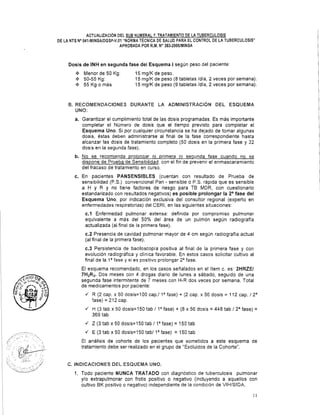 ACTUALIZACI~N DEL SUB NUMERAL 7. TRATAMIENTO DE LA TUBERCULOSIS
DE LA NTS NV41-MINSAIDGSP-V.O1 "NORMA TÉCNICA DE SALUD PARA EL CONTROL DE LA TUBERCULOSIS"
APROBADA POR R.M, No383-20061MINSA
Dosis de INH en segunda fase del Esquema I según peso del paciente:
6 Menor de 50 Kg: 15 mg/K de peso.
9 50-55 Kg: 15 mg/K de peso (8 tabletas /día, 2 veces por semana).
+ 55 Kg o más 15 mg/K de peso (9 tabletas Idia, 2 veces por semana).
B. RECOMENDACIONES DURANTE LA ADMIM~STRACIÓM DEL ESQUEMA
UNO:
a. Garantizar el cumplimiento total de las dosis programadas. Es más importante
completar el Número de dosis que el tiempo previsto para completar el
Esquema Uno. Si por cualquier circunstancia se ha dejado de tomar algunas
dosis, éstas deben administrarse al final de la fase correspondiente hasta
alcanzar las dosis de tratamiento completo (50 dosis en la primera fase y 32
dosis en la segunda fase).
b. No se recomienda prolonqar ni primera ni sequnda fase cuando no se
dispone de Prueba de Sensibilidad, con el fin de prevenir el enmascaramiento
del fracaso de tratamiento en curso.
c. En pacientes PANSENSIBLES (cuentan con resultado de Prueba de
sensibilidad (P.S.)convencional Pan - sensible o P.S. rápida que es sensible
a H y R y no tiene factores de riesgo para TB MDR, con cuestionario
estandarizado con resultados negativos) es posible prolongar la fase del
Esquema Uno, por indicación exclusiva del consultor regional (experto en
enfermedades respiratorias) del CERI, en las siguientes situaciones:
c.1 Enfermedad pulmonar extensa: definida por compromiso pulmonar
equivalente a más del 50% del área de un pulmón según radiografía
actualizada (al final de la primera fase).
c.2 Presencia de cavidad pulmonar mayor de 4 cm según radiografía actual
(al final de la primera fase).
c.3 Persistencia de baciloscopia positiva al final de la primera fase y con
evolución radiográfica y clinica favorable. En estos casos solicitar cultivo al
final de la lafase y si es positivo prolongar 2afase.
El esquema recomendado, en los casos señalados en el item c. es: 2HRZEl
7H2R2. Dos meses con 4 drogas diario de lunes a sábado, seguido de una
segunda fase intermitente de 7 meses con H-R dos veces por semana. Total
de medicamentos por paciente:
J R (2 cap. x 50 dosis=I00 cap./ lafase) + (2 cap. x 56 dosis = 112 cap. / 2a
fase) = 212 cap.
./ H (3 tab x 50 dosis=150 tab / lafase) + (8 x 56 dosis = 448 tab 12afase) =
369 tab
J Z (3 tab x 50 dosis=l50 tab 1 lafase) = 150 tab
J E (3 tab x 50 dosis=150 tab/ lafase) = 150 tab
El análisis de cohorte de los pacientes que sometidos a este esquema de
tratamiento debe ser realizado en el grupo de "Excluidos de la Cohorte".
C. INDICACIONES DEL ESQUEMA UNO.
1. Todo paciente NUNCA TRATADO con diagnóstico de tuberculosis pulmonar
y10 extrapulmonar con frotis positivo o negativo (incluyendo a aquellos con
cultivo BK positivo o negativo) independiente de la condición de VIHtSIDA.
 